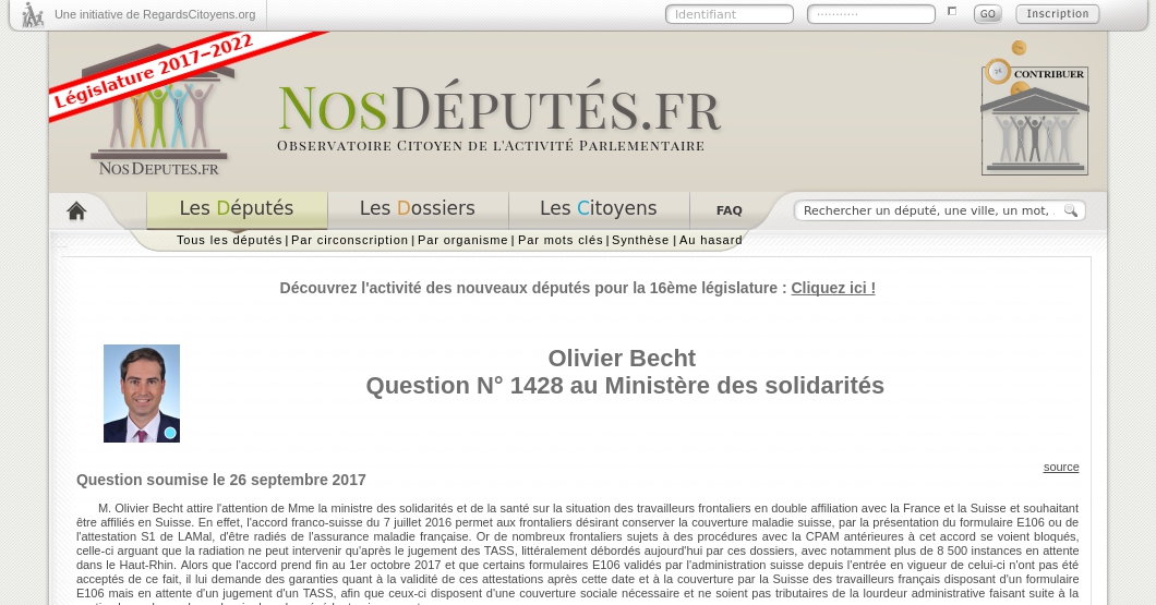 Olivier Becht Question N 1428 Au Ministere Des Solidarites Nosdeputes Fr