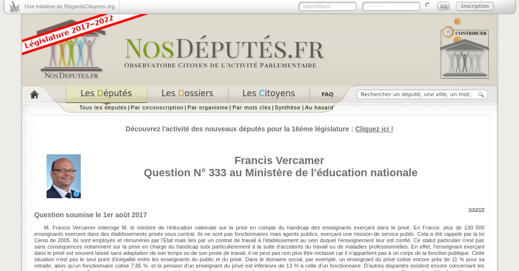 Francis Vercamer Question N 333 Au Ministere De L Education Nationale Nosdeputes Fr